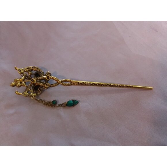 Vintage Gold-Toned Hair Stick With Green Accents & Decorative Chain - Picture 2 of 2